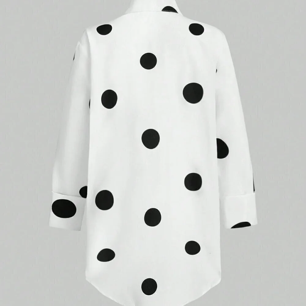 White Casual Women's Long Sleeve Polka Dot Print Loose Shirt